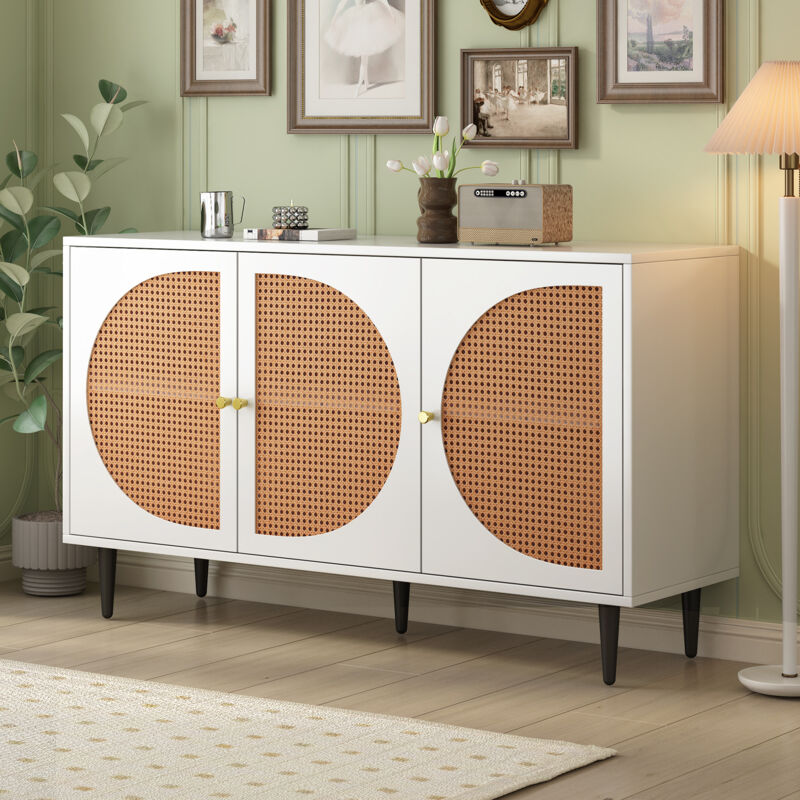 foto del prodotto modfu credenze buffet madie 129,8x40x70 cm con 3 ante, design rattan, mobile alto, multiuso, maniglie in metallo, pannello truciolare, bianco