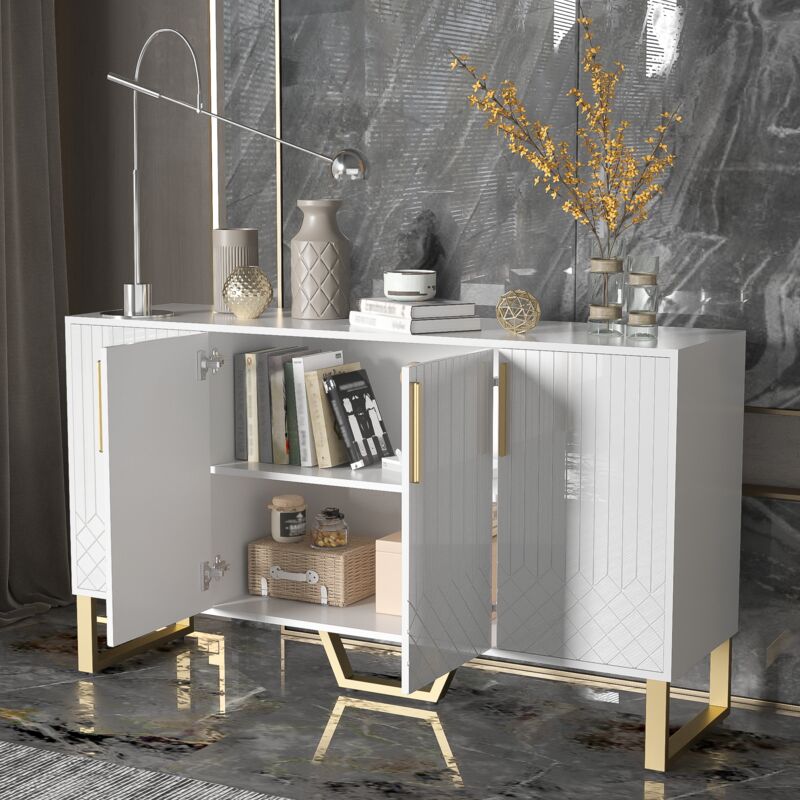 foto del prodotto modfu credenze buffet madie 140x40x80cm con 4 ante, maniglie e gambe in metallo dorato, multiuso, mdf, bianco