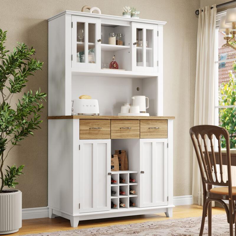 foto del prodotto modfu credenze e buffet 106x40x179,5cm alta, cassettiera con 3 cassetti 4 ante, portabottiglie, led, ripiani regolabili, mdf, bianco naturale