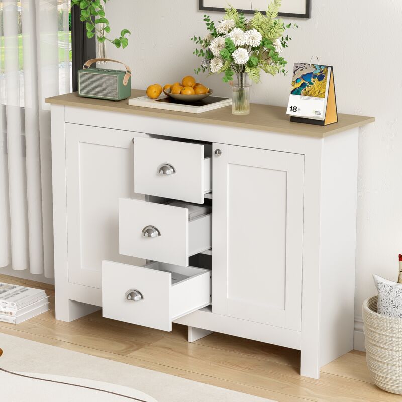 foto del prodotto modfu credenze e buffet 116x35x81cm, cassettiera con 3 cassetti e 2 ante, maniglie argentate, ripiani regolabili, mobiletto, mdf e truciolare,