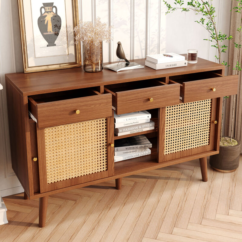 foto del prodotto modfu credenze e buffet 120x40x78cm cassettiera con 3 cassetti e 3 ante scorrevoli, maniglie in metallo dorato, ripiani regolabili, gambe in legno,