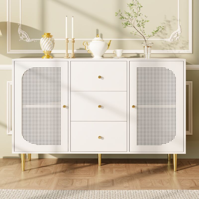 foto del prodotto modfu credenze e buffet 120x40x90cm cassettiera con 3 cassetti 2 ante, maniglie e gambe dorate, cucina soggiorno, pe rattan e mdf, bianco
