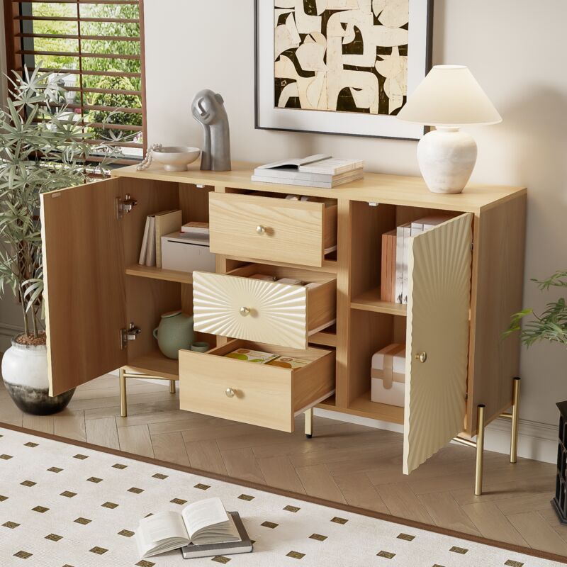 foto del prodotto modfu credenze e buffet 123,5x35x80cm cassettiera 3 cassetti 2 ante, mobile cucina, maniglie e gambe dorate, mdf e pannello truciolare, colore