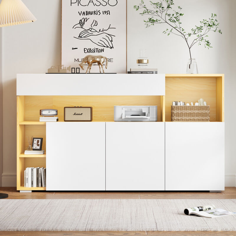 foto del prodotto modfu credenze e buffet 140x40x70cm, mobile alto, mobile consolle, mobile contenitore multiuso, 3 ante, led, pannello di particelle, bianco e rovere