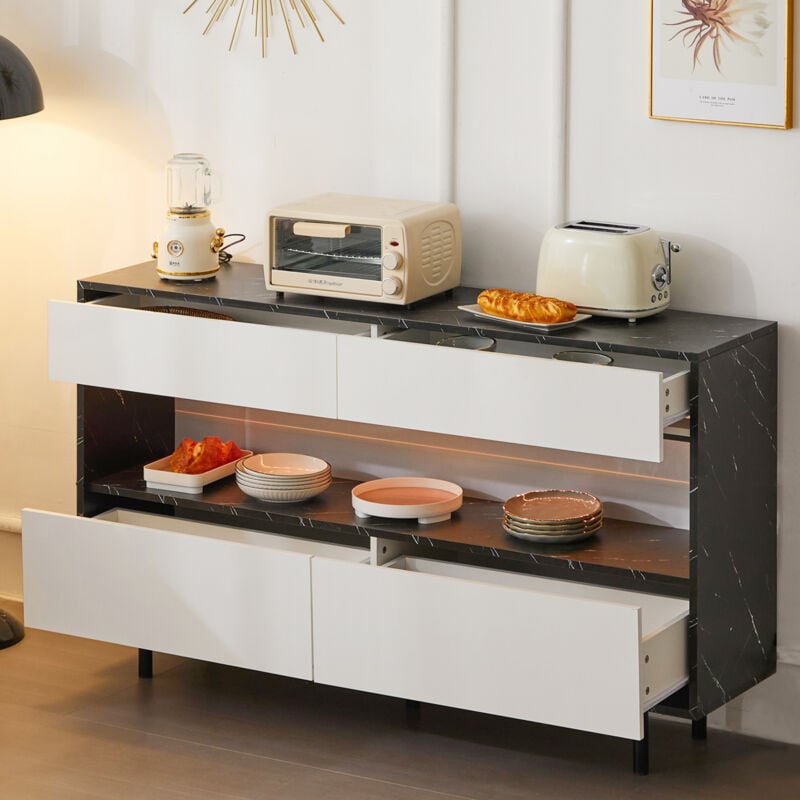 foto del prodotto modfu credenze e buffet 150x35x89,5cm cassettiera con 4 cassetti, led, struttura in metallo, cucina soggiorno camera da letto, mdf, bianco nero