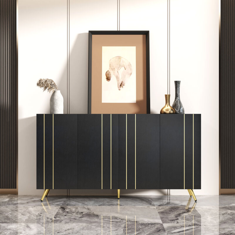 foto del prodotto modfu credenze e buffet 160x38x80cm mobile alto con 4 ante, mobile contenitore, divisori regolabili, strisce dorate, truciolato, nero