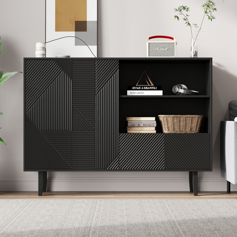 foto del prodotto modfu credenze e buffet 40x125x86cm con 2 ante e 1 cassetto, vani portaoggetti aperti, mobile cucina, cassettiera, pannello truciolare, nero