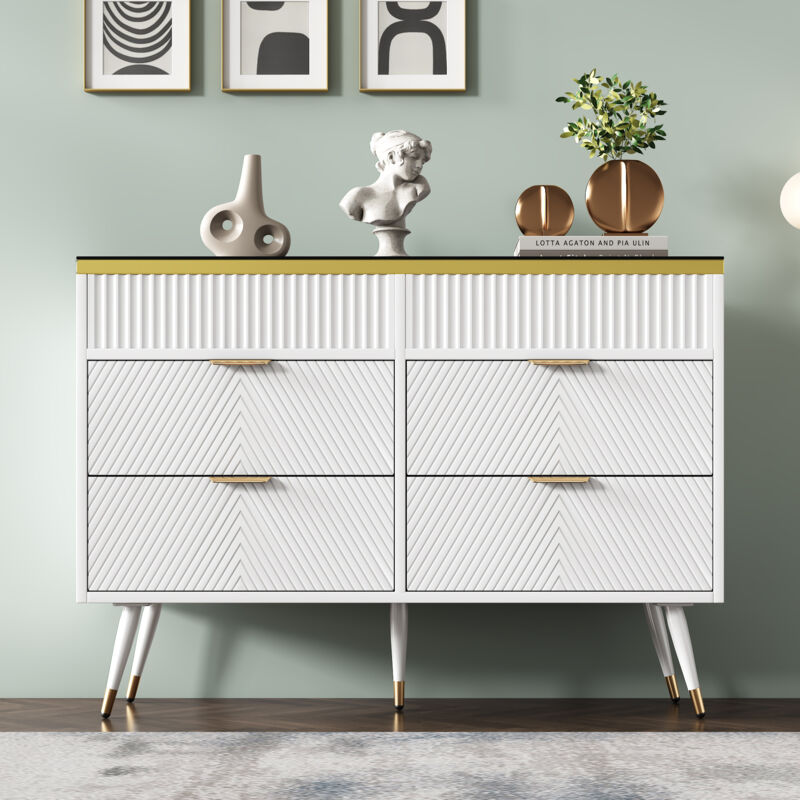 foto del prodotto modfu credenze e buffet, cassettiera con 6 cassetti, vetro ambra, mobile contenitore, camera da letto sala da pranzo soggiorno 120x40x76cm, bianco