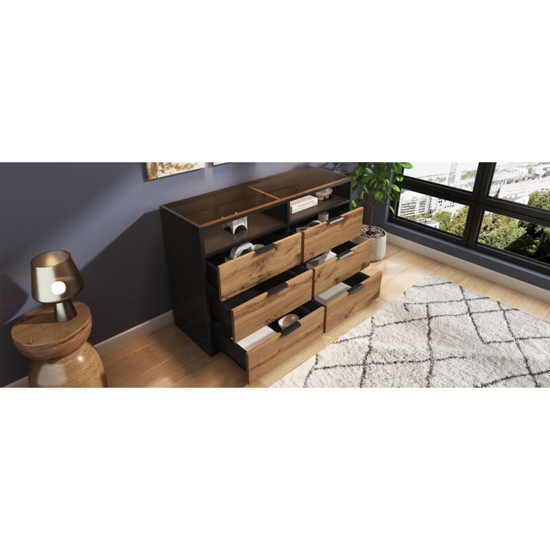 foto del prodotto modfu credenze e buffet, cassettiera con 6 cassetti, vetro ambra, mobile contenitore, camera da letto/sala da pranzo/soggiorno - 120x40x80cm, nero /