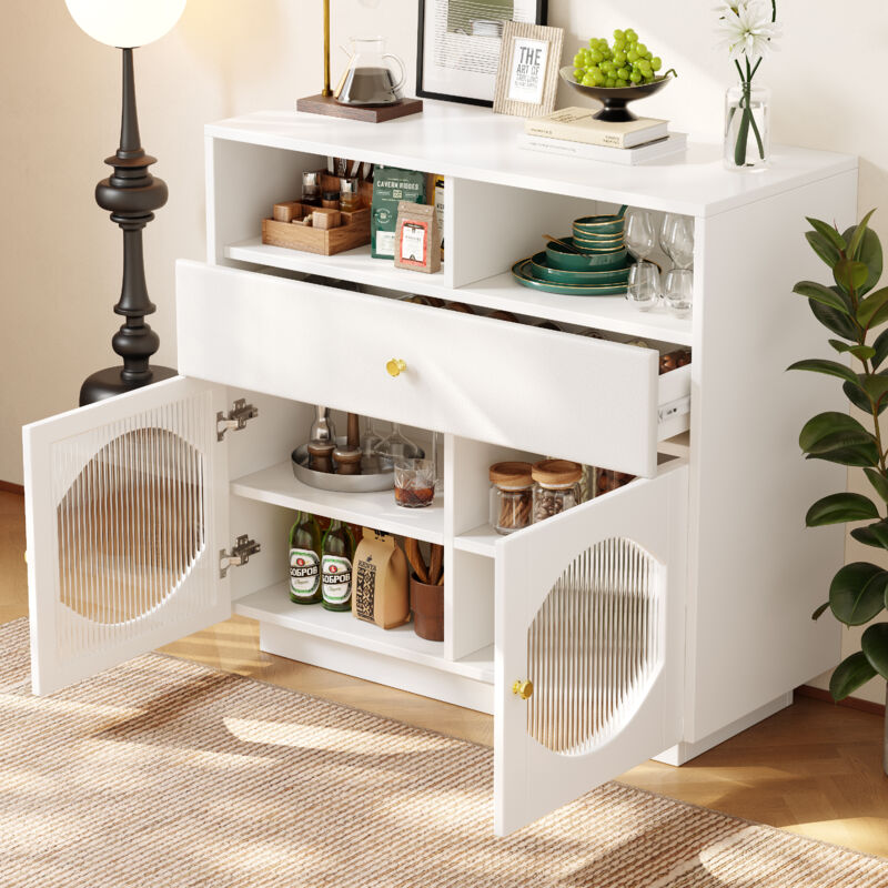 foto del prodotto modfu credenze e buffet, cassettiera con ante e cassetti, maniglie dorate, vani portaoggetti aperti, mdf e vetro 100x40x90,5cm, bianco, 1 cassetto