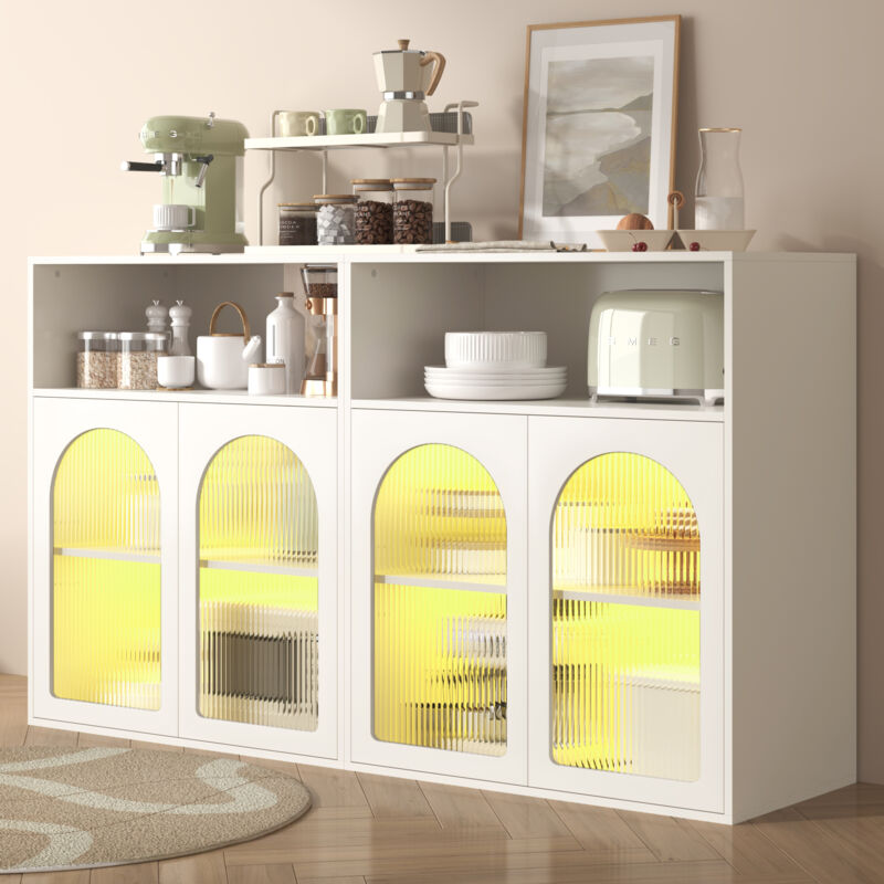 foto del prodotto modfu credenze e buffet , vani portaoggetti aperti, mobiletto, sala da pranzo soggiorno, led, mdf, bianco 140x35x90 cm con 4 ante