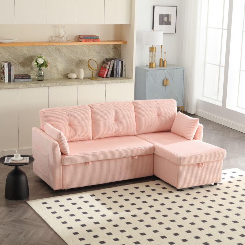 foto del prodotto modfu divani angolari 206x130x66 88 cm con 1 vano contenitore e letti estraibile, 3 posti, divani letti, velluto, rosa