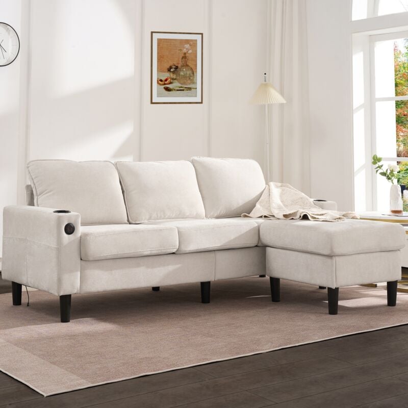 foto del prodotto modfu divani angolari 3 posti 202x70x80cm con poggiapiedi, usb, type c, con 2 portabicchieri, lino, beige
