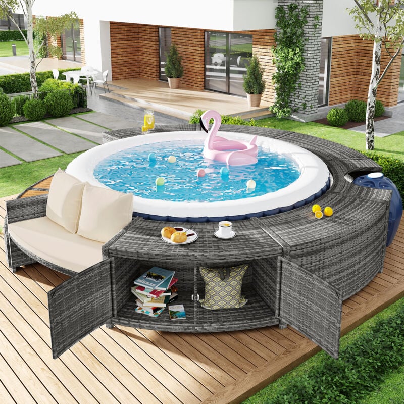 foto del prodotto modfu divani da giardino rotondo 283x283x55cm con spazio contenitore, piedini regolabili, adatti per terrazza giardino piscina, grigio