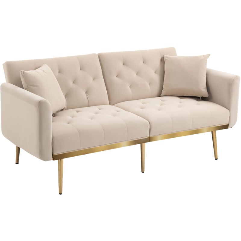foto del prodotto modfu divani dritti 161,97x79,98x77,97 cm divano 2 posti con piccoli cuscini, divano letto, schienale regolabile, gambe in metallo, velluto, beige