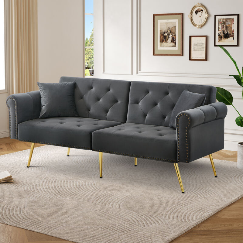 foto del prodotto modfu divani dritti 2 posti 173x75x70cm, schienale regolabile in 3 posizioni, divani letto, gambe in metallo, velluto, grigio