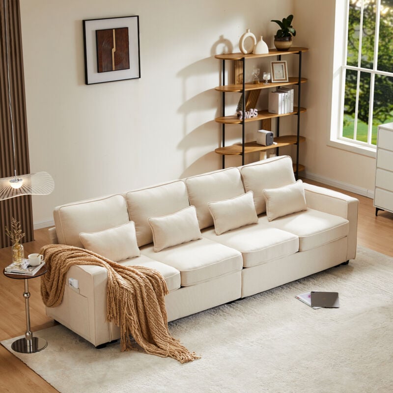 foto del prodotto modfu divani dritti 264x83x87 cm 4 posti con tasche laterali e 4 cuscini, moderno, lino, beige