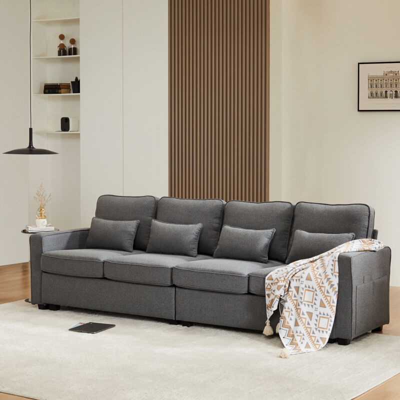 foto del prodotto modfu divani dritti 264x83x87 cm 4 posti con tasche laterali e 4 cuscini, moderno, lino, grigio scuro