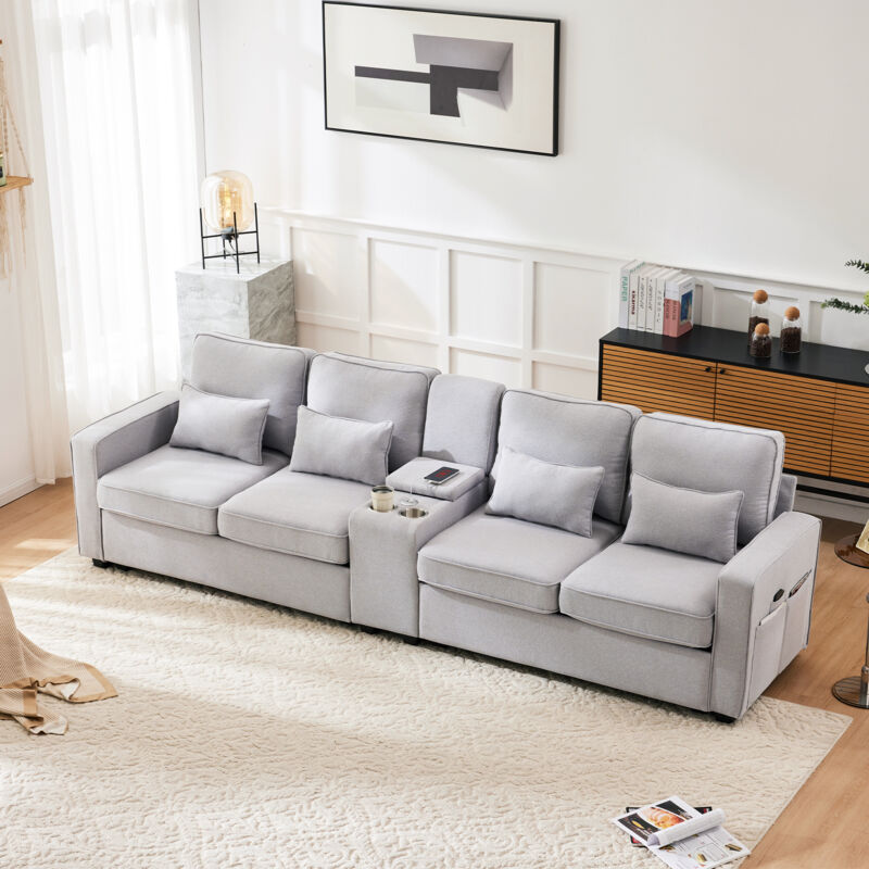 foto del prodotto modfu divani dritti a 4 posti con 4 cuscini, consolle, 2 portabicchieri, 2 usb, tasche laterali, soggiorno ufficio, lino, grigio