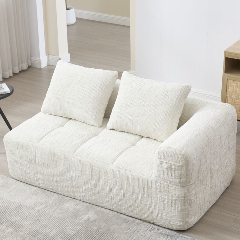 foto del prodotto modfu divani, poltrona con cuscini, tessuto ciniglia, beige, divano dritto, divano 2 posti, 158x90x60cm