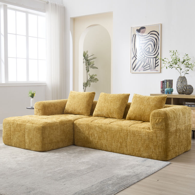 foto del prodotto modfu divani, poltrona con cuscini, tessuto ciniglia, giallo, divano angolare, divano 3 posti, 250x158x60cm