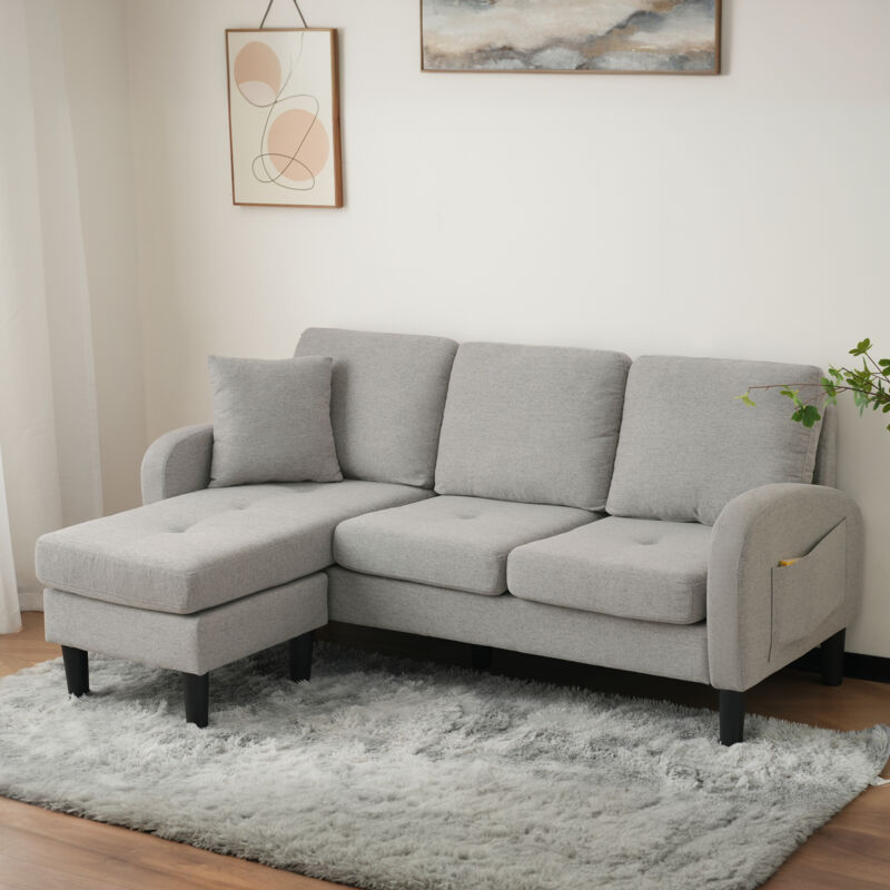 foto del prodotto modfu divano 185x118x82 cm, divano ad angolo 3 posti con piedi in plastica, tessuto in cotone e lino, mobile da soggiorno, grigio