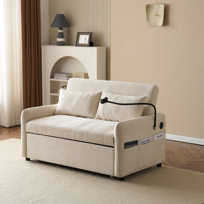 foto del prodotto modfu divano a 2 posti 129x76x81cm con tasche laterali, divani letti pieghevole, schienale regolabile, usb, tessuto ciniglia, beige