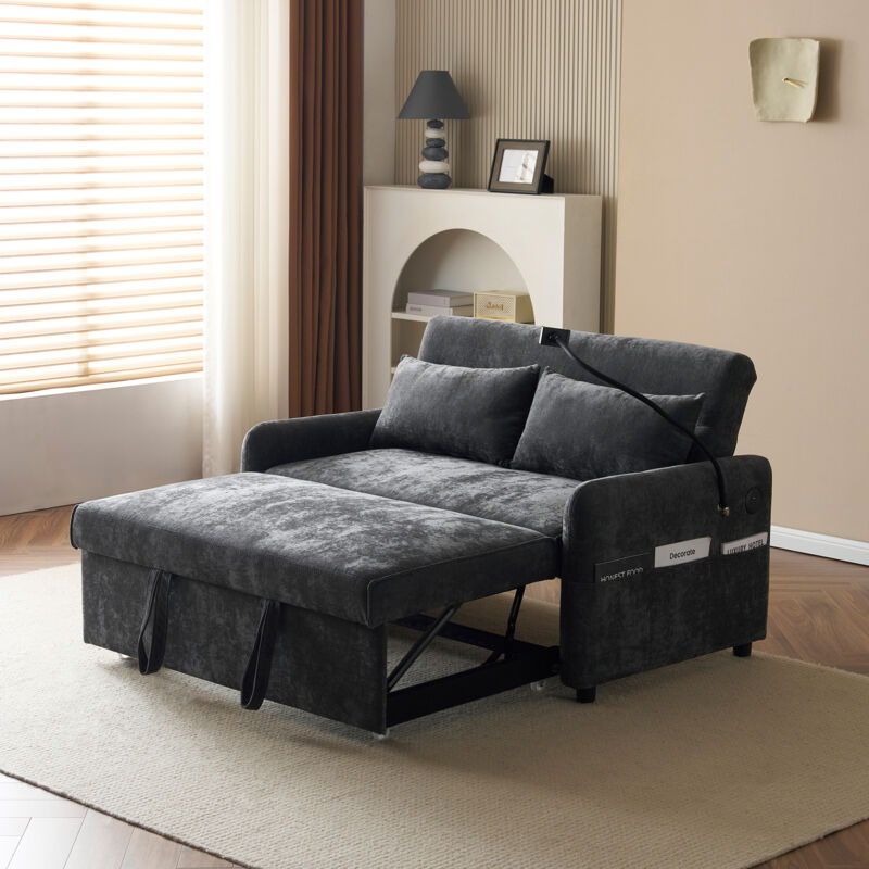 foto del prodotto modfu divano a 2 posti 129x76x81cm con tasche laterali, divani letti pieghevole, schienale regolabile, usb, tessuto ciniglia, grigio