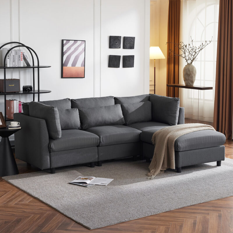 foto del prodotto modfu divano a 3 posti 220x83x81cm, con poggiapiedi, divano angolare, lino, grigio