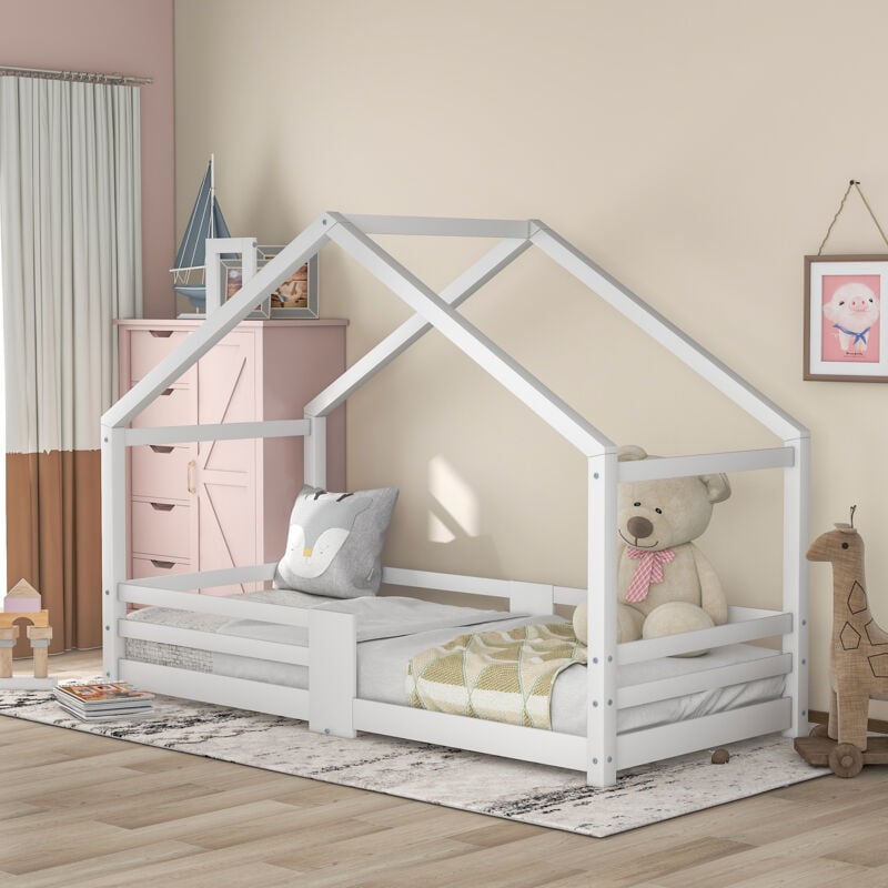 foto del prodotto modfu letti a casetta 90x200cm, letti per bambini con camino e recinto, rete a doghe, bianco, legno, senza materasso