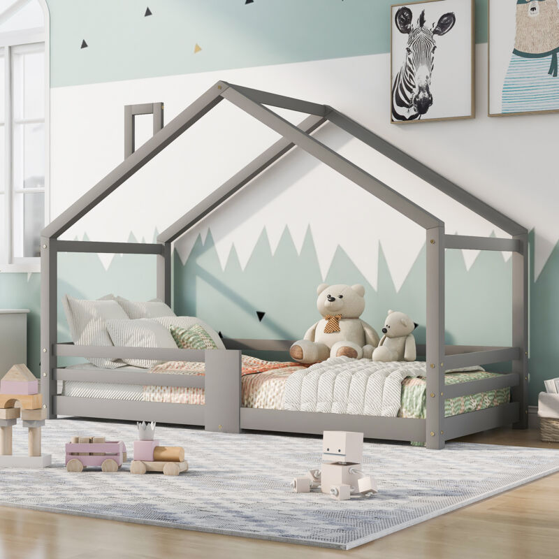 foto del prodotto modfu letti a casetta 90x200cm, letti per bambini con camino e recinto, rete a doghe, grigio, legno, senza materasso