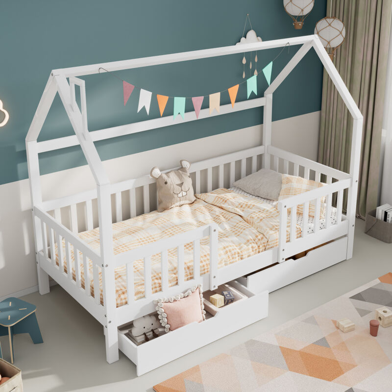 foto del prodotto modfu letti a casetta 90x200cm letti singoli per bambini, rete a doghe, recinzione, pino, senza materasso, bianco, 2 cassetti