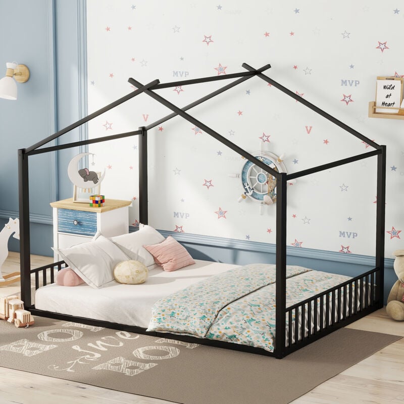 foto del prodotto modfu letti a castello 140x200cm letti matrimoniale per bambini, rete a doghe, metallo, senza materasso, nero