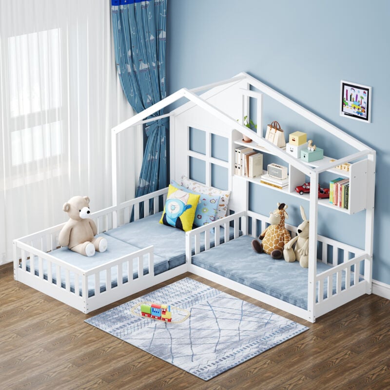 foto del prodotto modfu letti a castello 90x200cm 140x70cm 2 posizioni, letti matrimoniale per bambini, con ripiano portaoggetti, senza materasso, bianco