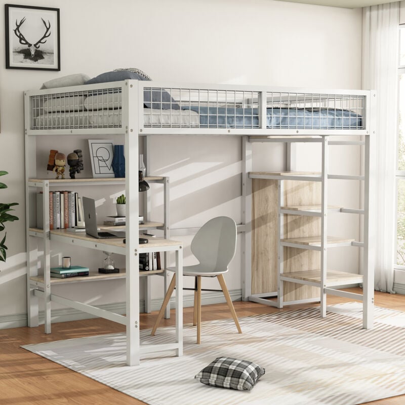 foto del prodotto modfu letti a soppalco 140x200cm letti singoli per adulti bambini con scrivania armadio scaffale, mdf e metallo, senza materasso, bianco