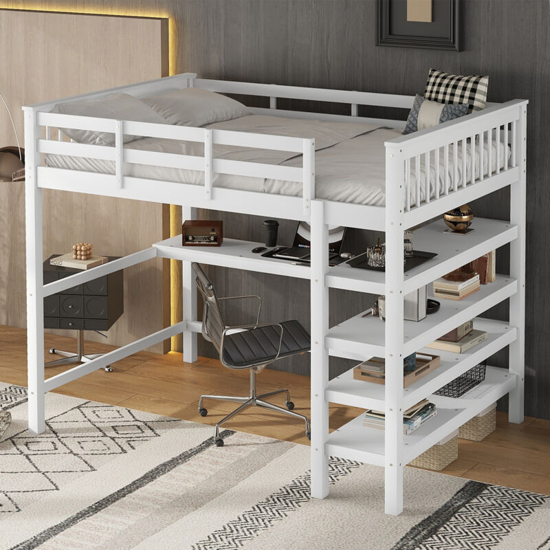 foto del prodotto modfu letti a soppalco 140x200cm letti singolo per bambini con scrivania e ripiano portaoggetti, senza materasso, legno, bianco