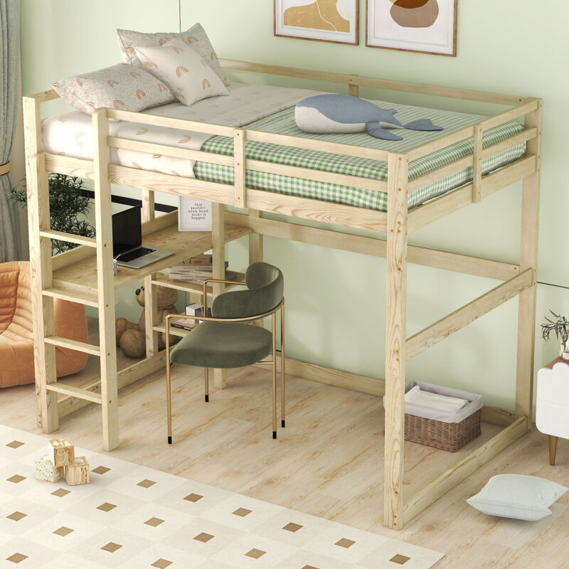 foto del prodotto modfu letti a soppalco 140x200cm letti singolo per bambini con scrivania e ripiano portaoggetti, senza materasso, legno, naturale
