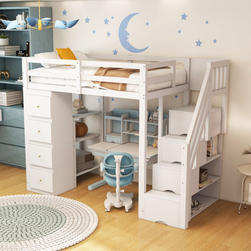 foto del prodotto modfu letti a soppalco 90x200cm con 4 cassetti e 4 contenitori, con ripiano portaoggetti, legno, bianco, senza materasso