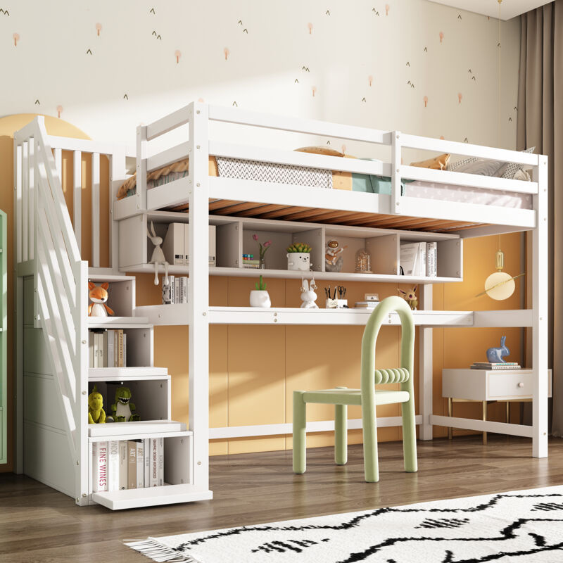 foto del prodotto modfu letti a soppalco 90x200cm, legno mdf, con scrivania e vani portaoggetti, senza materasso, letti per bambini, bianco