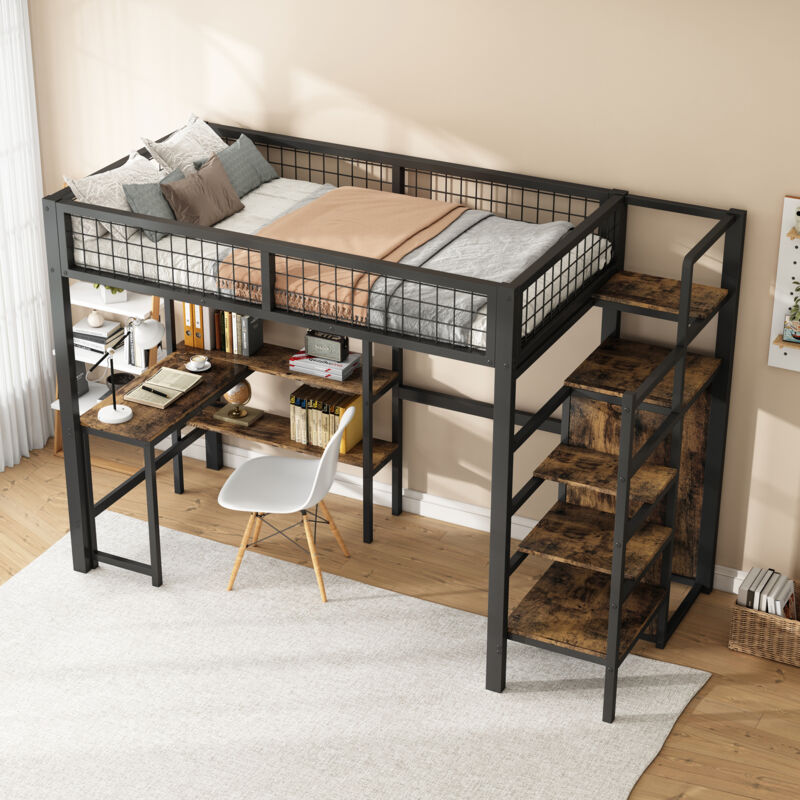 foto del prodotto modfu letti a soppalco 90x200cm letti singoli adulti bambini con scrivania e armadio aperto, ripiani multipli, mdf e metallo, nero