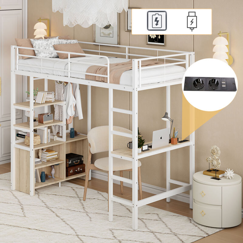 foto del prodotto modfu letti a soppalco 90x200cm, letti singoli, con scrivania e ripiano portaoggetti, mobiletto aperto con presa e usb, metallo, bianco, senza