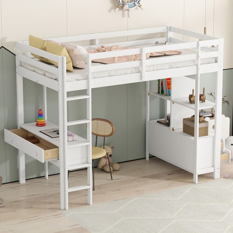 foto del prodotto modfu letti a soppalco 90x200cm letti singoli per bambini con cassetti e scrivania, ripiani portaoggetti aperti, legno, senza materasso, bianco