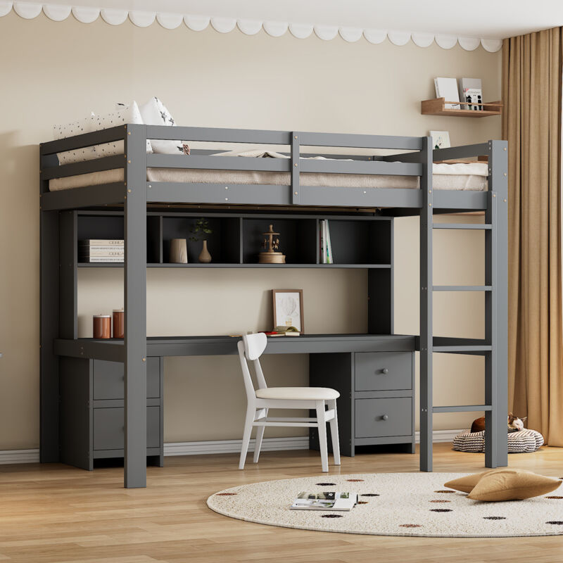 foto del prodotto modfu letti a soppalco 90x200cm letti singoli per bambini con scrivania e 4 cassetti, ripiani portaoggetti, legno, senza materasso, grigio