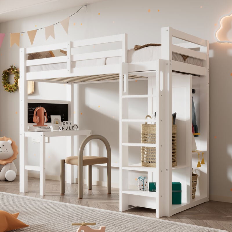 foto del prodotto modfu letti a soppalco 90x200cm letti singolo, letti per bambini con scrivania e piccola lavagna, con libreria e armadio, legno, senza materasso,