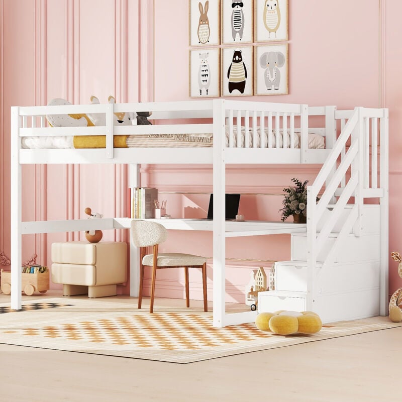 foto del prodotto modfu letti a soppalco, letti per bambini matrimoniale 140x200cm, con scrivania, scale con funzione contenitore, legno, bianco