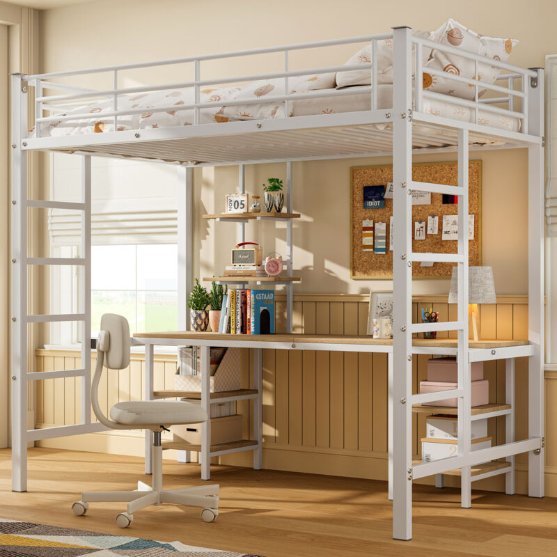 foto del prodotto modfu letti a soppalco per bambini adulti 90x200cm, con scrivania e 4 ripiani, metallo e mdf, bianco