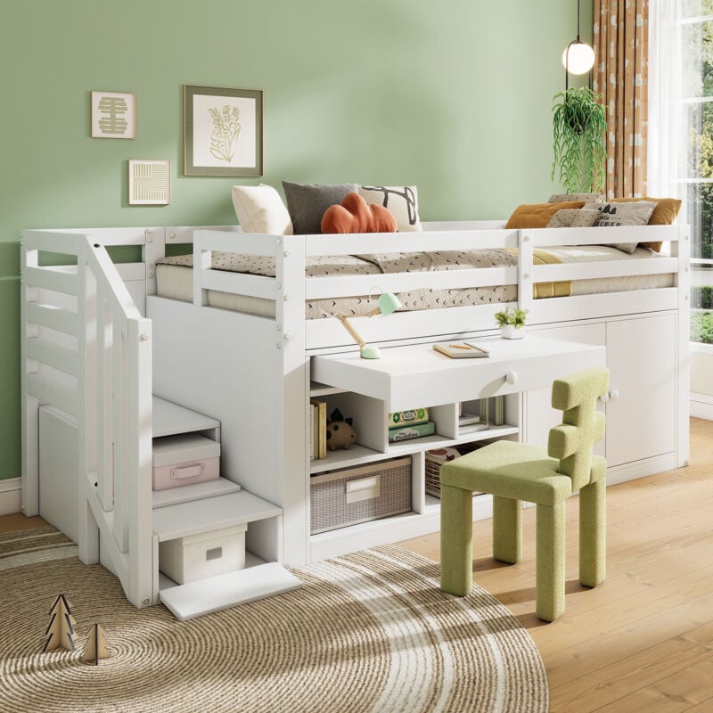 foto del prodotto modfu letti combinato per bambini, 90x200 cm, in legno, senza materasso, scaletta intercambiabile a sinistra e a destra, con scrivania e cassetto,
