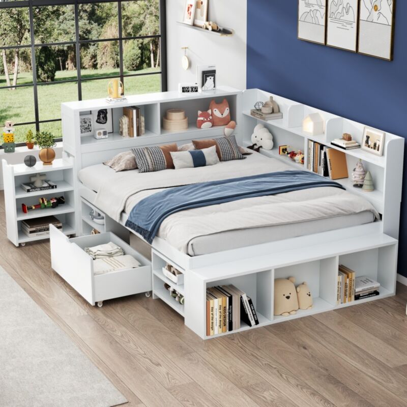 foto del prodotto modfu letti con cassetti 140x200 cm con 1 cassetto, letti singoli per bambini, numerosi vani portaoggetti, rete a doghe, compensato, senza