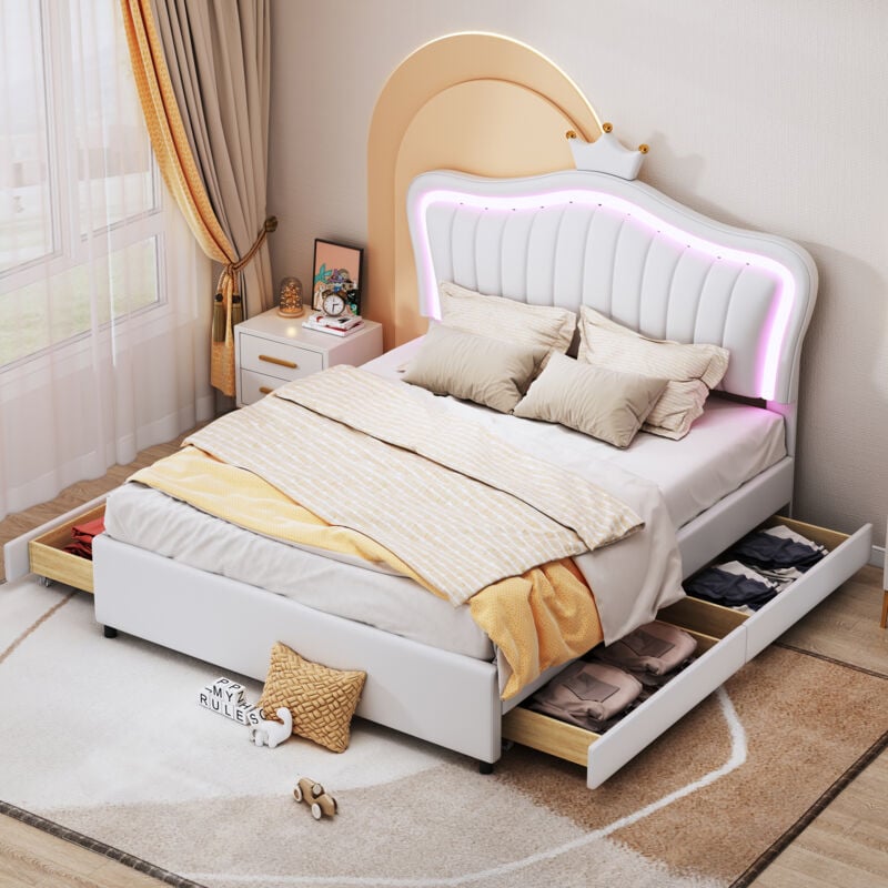 foto del prodotto modfu letti con cassetti 140x200cm con 4 cassetti, letti matrimoniale per adulti bambini, testiera con modanatura a corona, led, rete a doghe, pu,