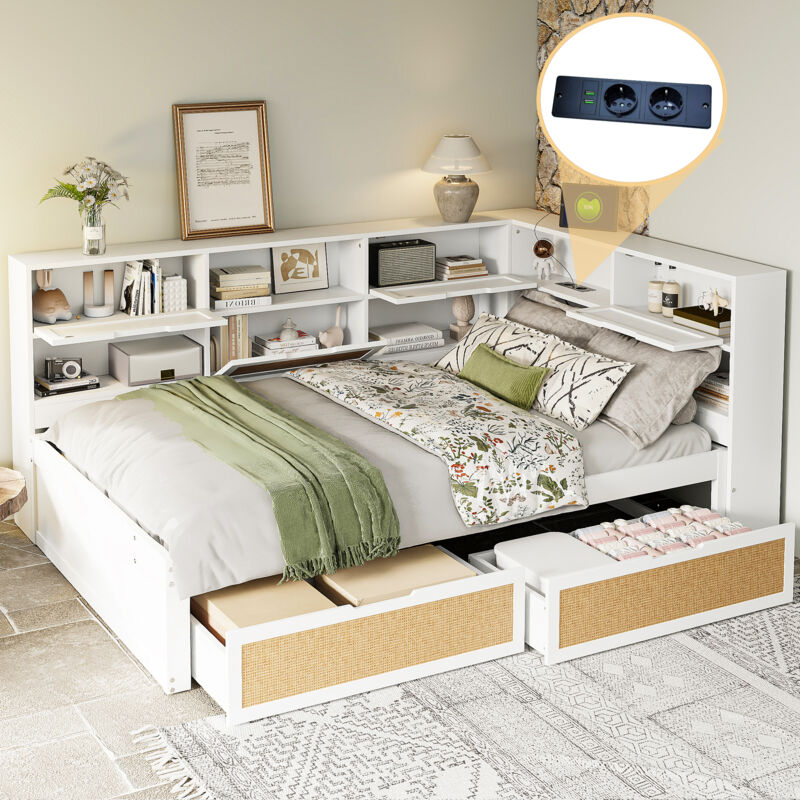 foto del prodotto modfu letti con cassetti 140x200cm divano letti matrimoniale per adulti bambini, 2 cassetti, comodino con spazio contenitore, legno, senza